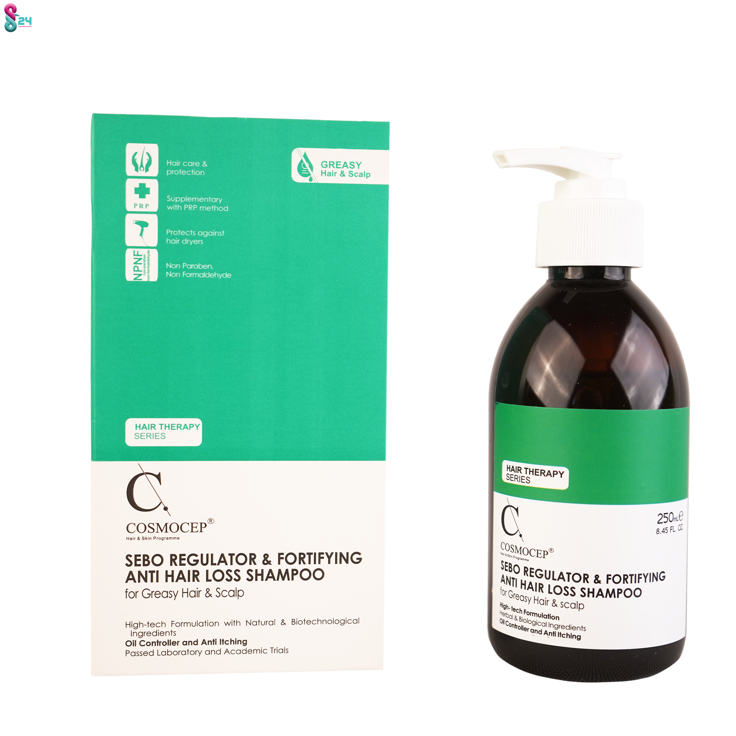 شامپو ضد ریزش و تنظیم کننده سبوم موی چرب کازموسپ 250 میلی لیتر